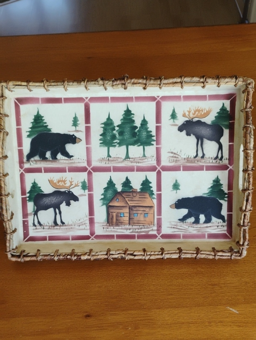 Northwoods Rustic Woodland Moose & Bear Serving Tray with Log Cabin Motif Unique